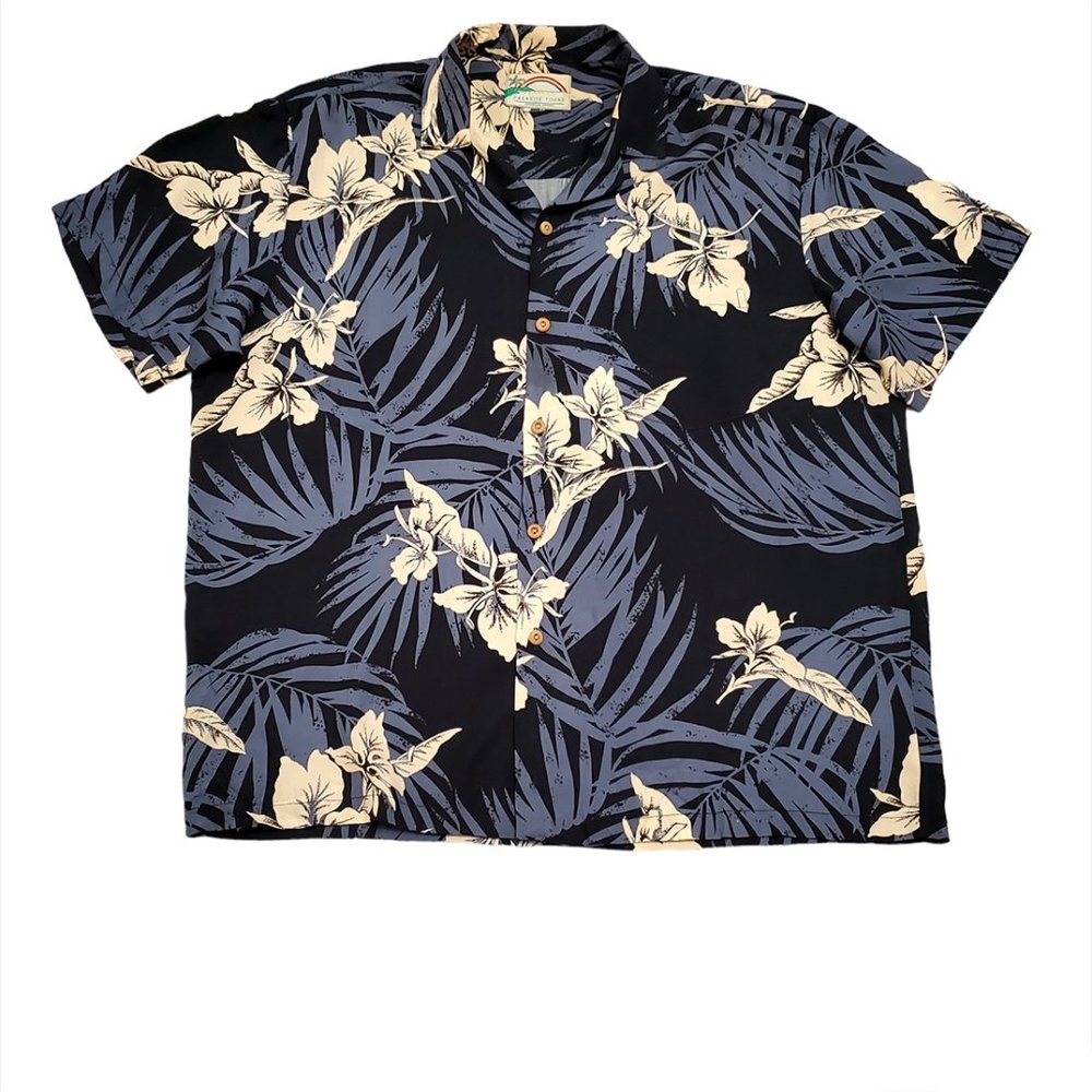 Paradise Found Vintage Hawaii Shirt L-XL Short Sleeve Floral Leaves Blac…